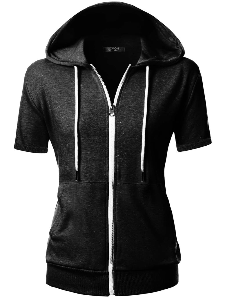 GIVON Womens Slim Fit Zip Up Hoodie Short Sleeve Thin Jacket Full Zip Sweatshirt with Plus Size / DCF207-CHARCOAL-2XL - Image 3